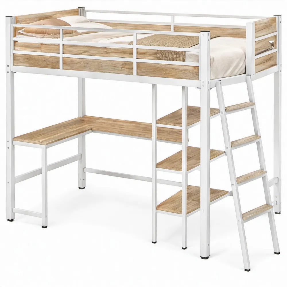 Hoogslaper met Bureau, Ladder en 4 Opbergplanken 90 x 200 cm Wit/Eikenkleur