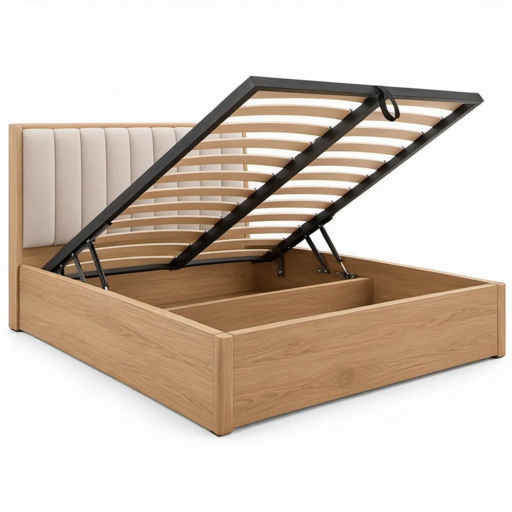 Opbergbed 160 x 200 cm in naturel eiken met beige gestoffeerd hoofdbord en zwarte metalen details