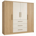 Kledingkast met 4 deuren en 3 lades, 180 x 52 x 200 cm, Naturel Eiken/Wit