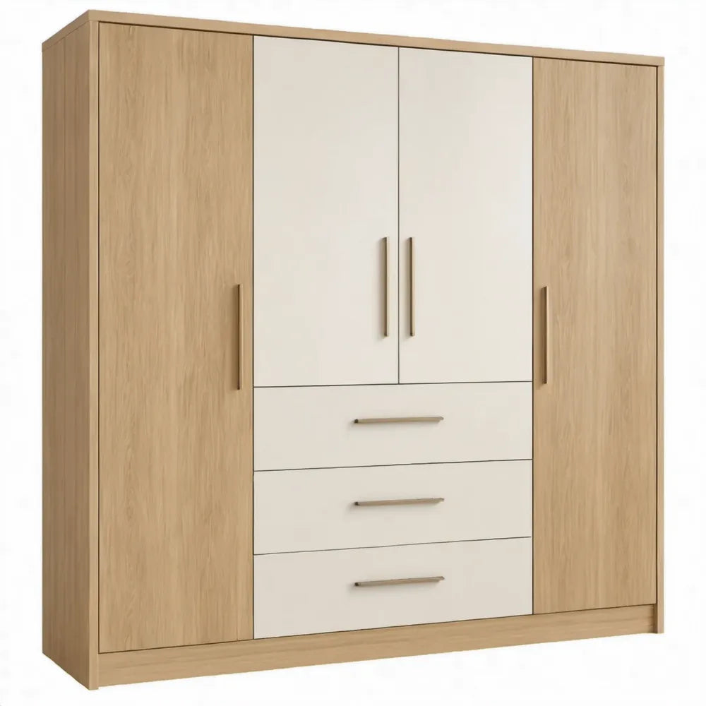 Kledingkast met 4 deuren en 3 lades, 180 x 52 x 200 cm, Naturel Eiken/Wit