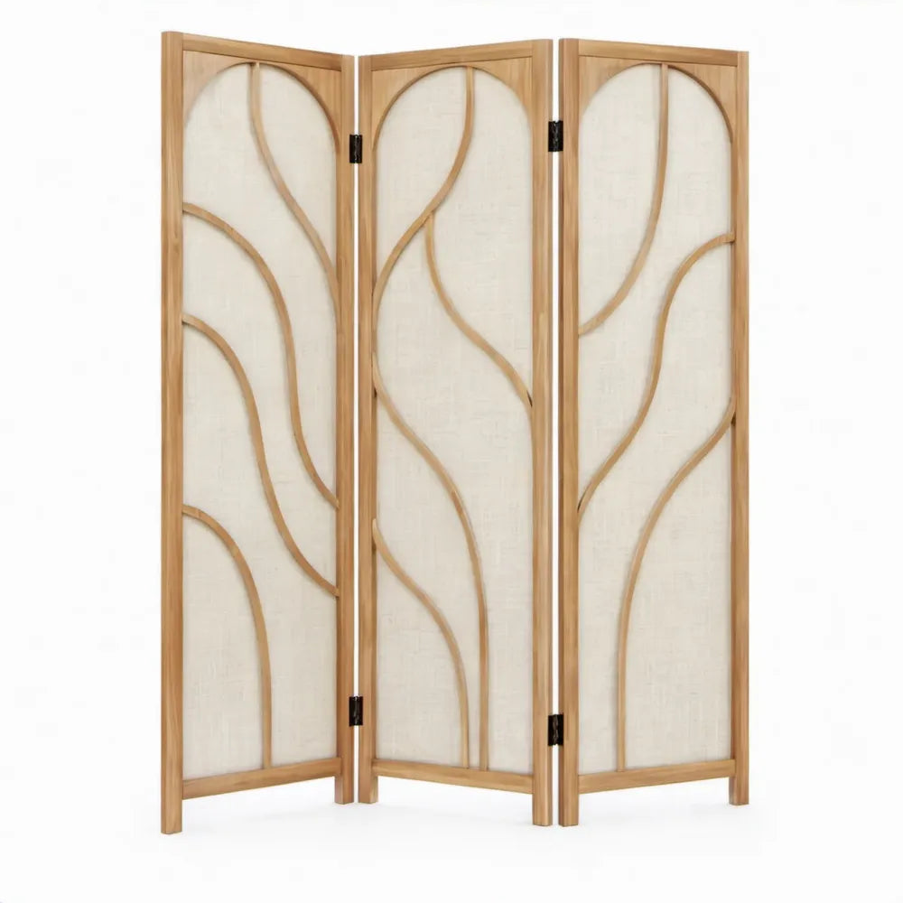 3-delig kamerscherm 120 x 170 cm van massief paulowniahout in naturel en crème