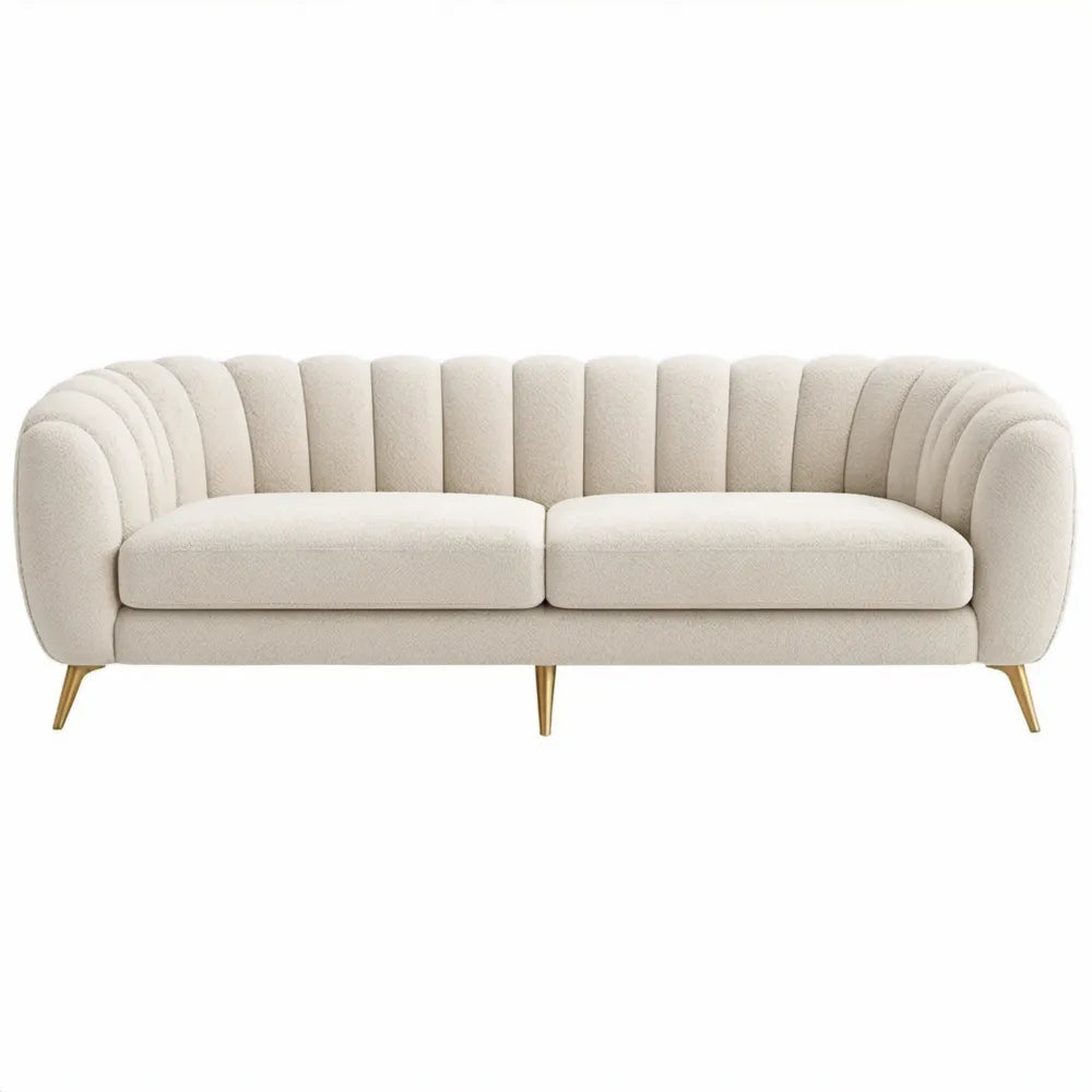 Gebogen 2-zitsbank 200 x 90 x 78 cm van crèmekleurige bouclé met goudkleurige stalen poten