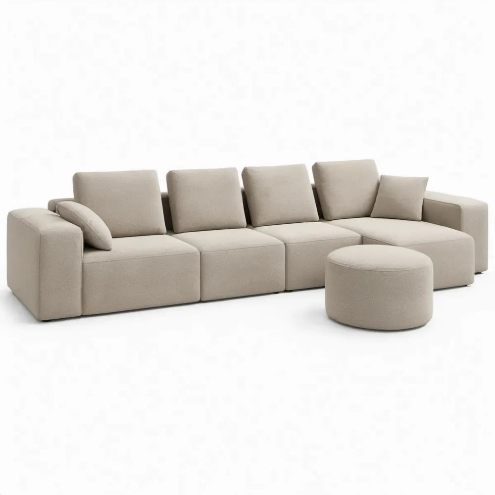 Modulaire 4-zits hoekbank met rechter chaise longue en ronde hocker, 320 x 160 x 75 cm, beige