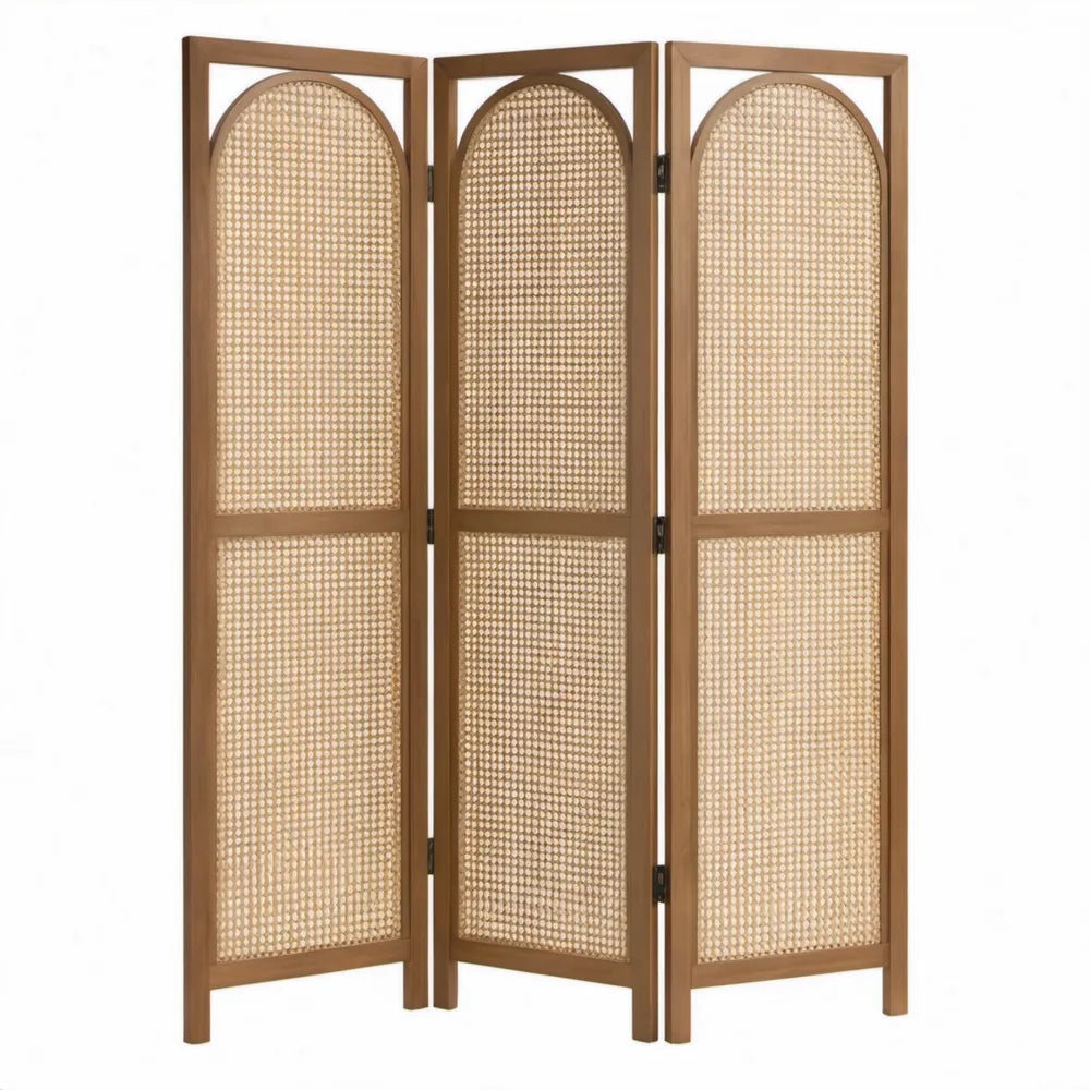 Vouwbaar 3-delig kamerscherm van massief paulowniahout en rotan, 121,5 x 2,5 x 170 cm, Bruin/Naturel