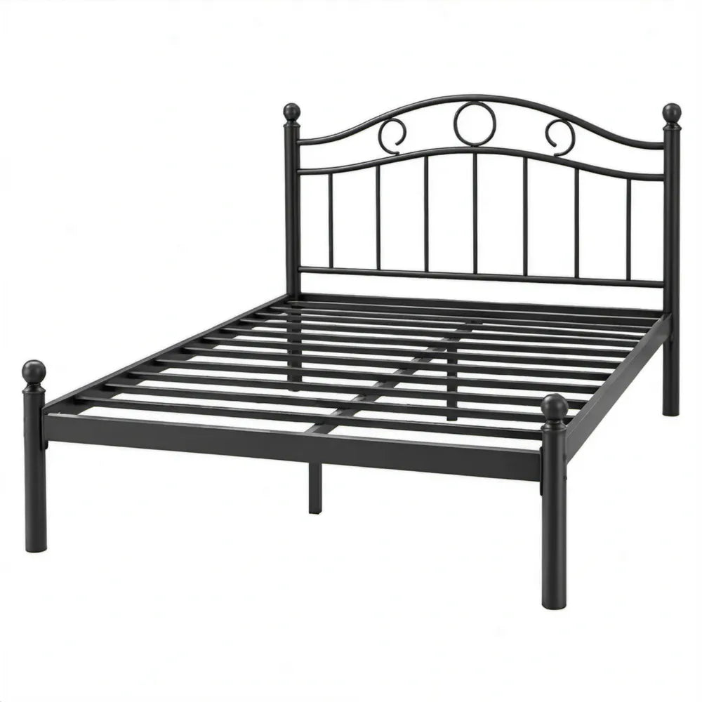 Zwart metalen bedframe 140 x 200 cm met stalen lattenbodem en gebogen hoofdbord