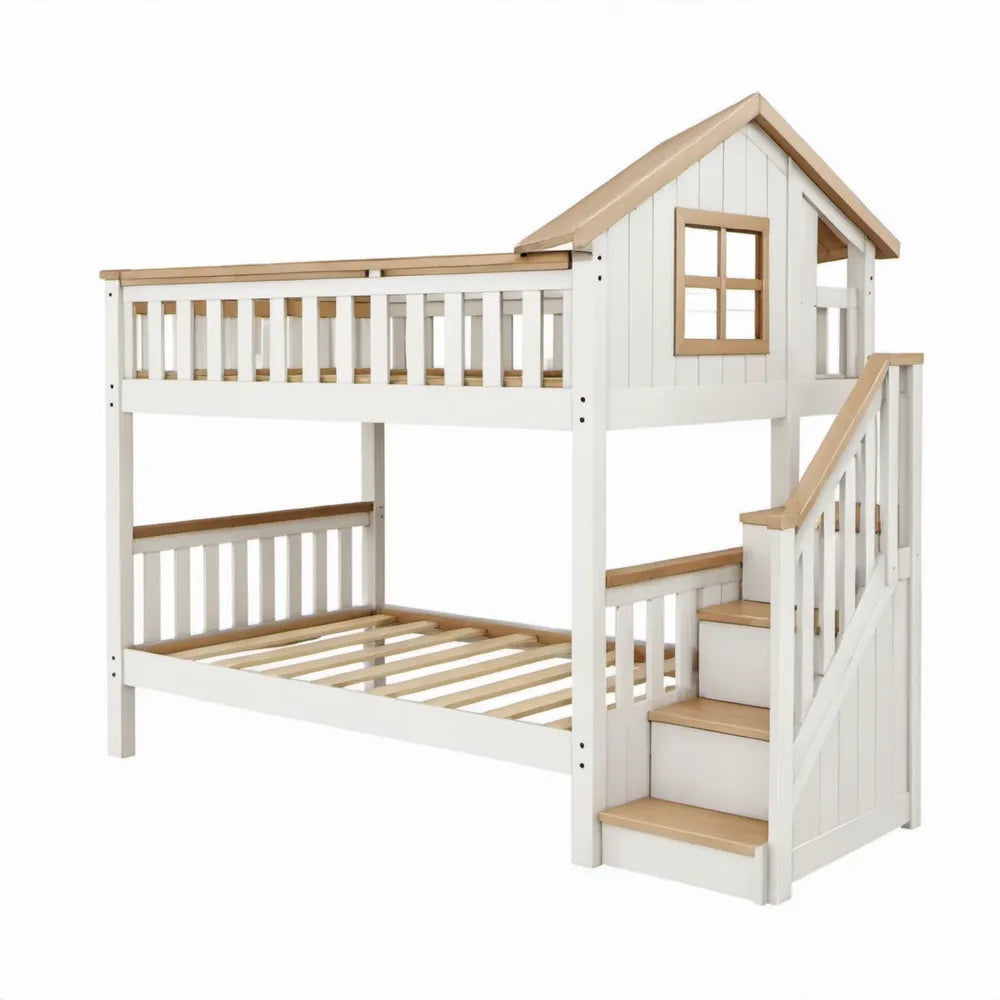 Kinderstapelbed in huisvorm 90 x 200 cm – Wit/Naturel grenenhout