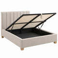 Beige opbergbed met lattenbodem en hoofdbord, 160 x 200 cm