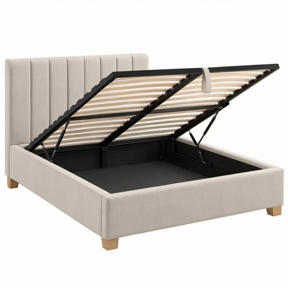 Beige opbergbed met lattenbodem en hoofdbord, 160 x 200 cm
