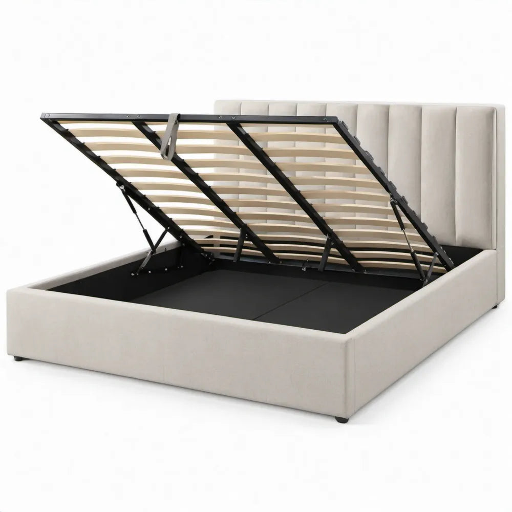 Beige opbergbed met hydraulische lift en lattenbodem, 160 x 200 cm