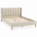 Gestoffeerd bedframe 160 x 200 cm crème met naturel houten poten en lattenbodem