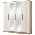 Kledingkast met 4 draaideuren en 2 spiegels, 200 x 60 x 220 cm, wit/licht eiken