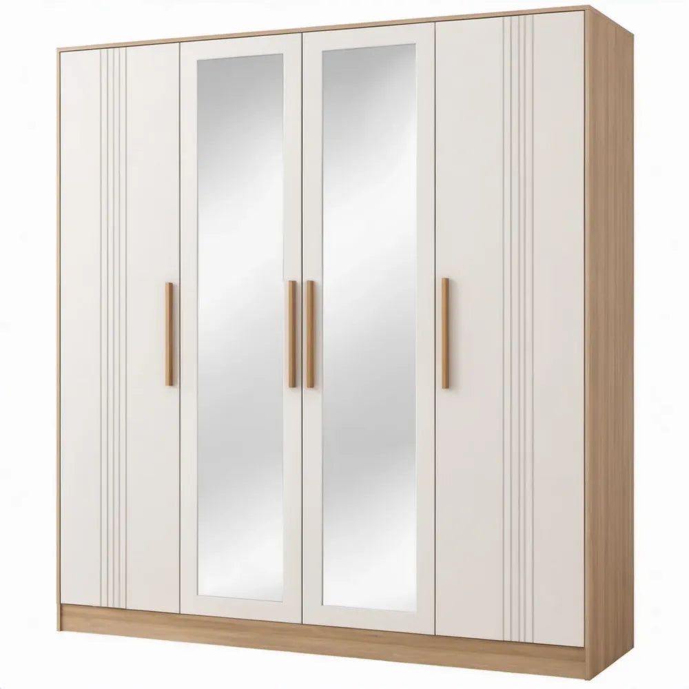Kledingkast met 4 draaideuren en 2 spiegels, 200 x 60 x 220 cm, wit/licht eiken