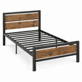 Eenpersoonsbedframe 90 x 200 cm van zwart staal en donkerbruin houtdecor