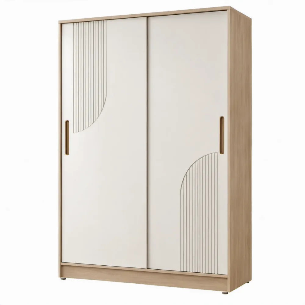 Kledingkast met 2 schuifdeuren, 4 planken en 2 kledingroedes, 120 x 60 x 200 cm, Crème/Licht eiken