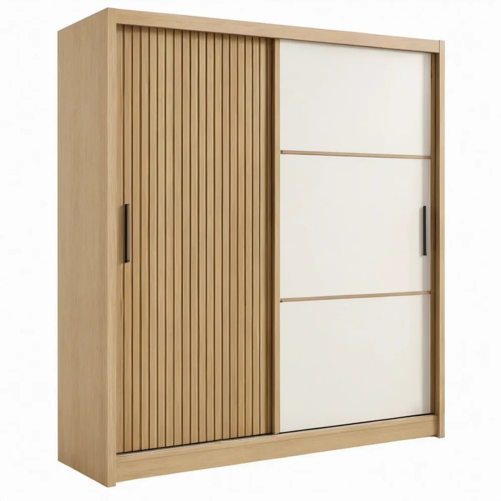 Schuifdeurkast 120 x 60 x 200 cm in naturel eiken, wit en zwart