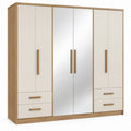 Kledingkast met 4 deuren, 4 laden en spiegelpanelen – 200 x 200 x 52 cm – Wit/Eikenkleurig