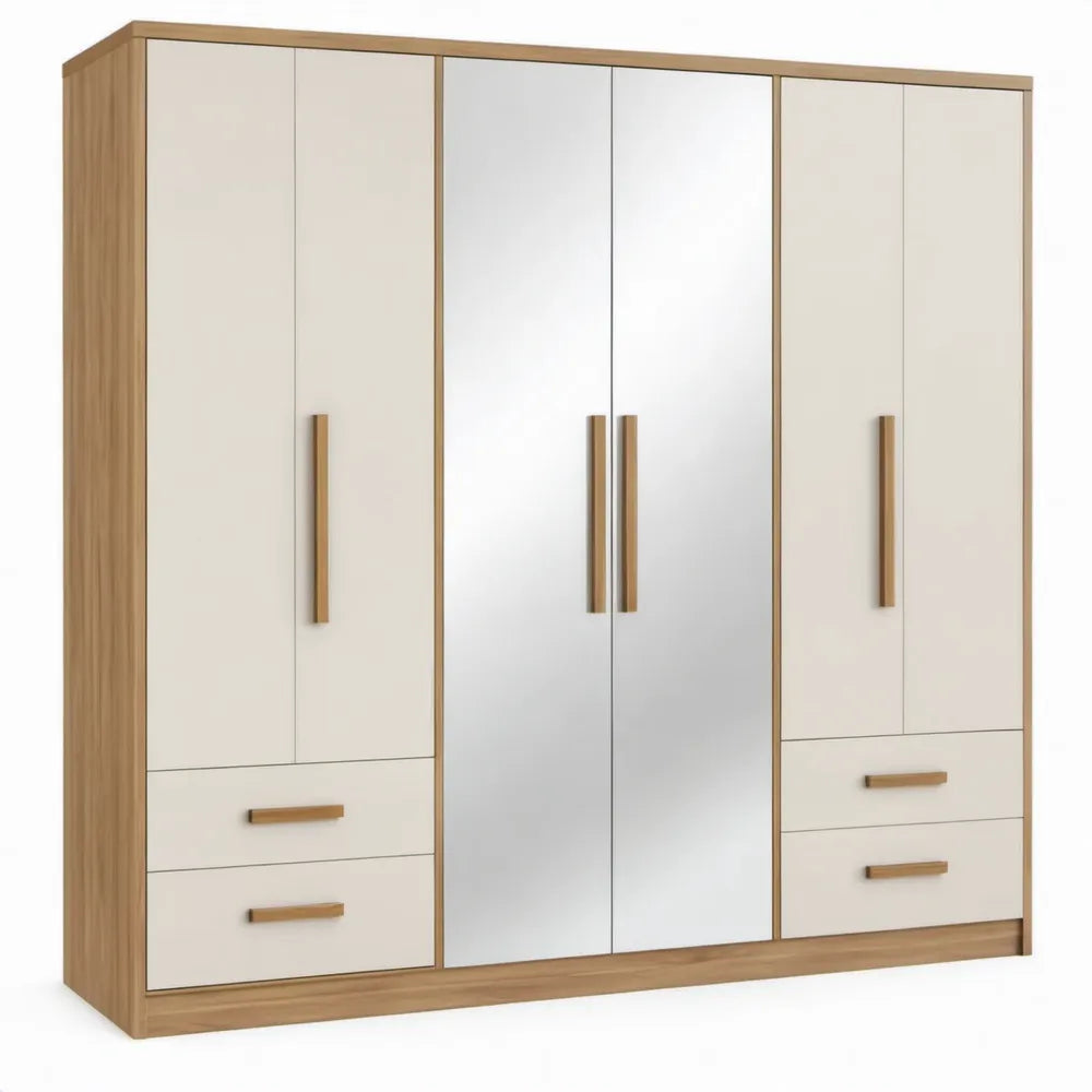 Kledingkast met 4 deuren, 4 laden en spiegelpanelen – 200 x 200 x 52 cm – Wit/Eikenkleurig