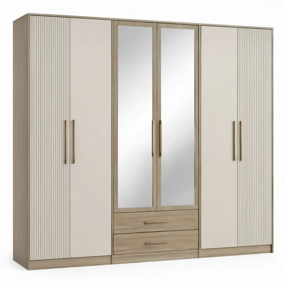 6-deurs kledingkast met 2 spiegeldeuren en 2 lades, 240 x 52 x 210 cm, beige/eikenkleurig