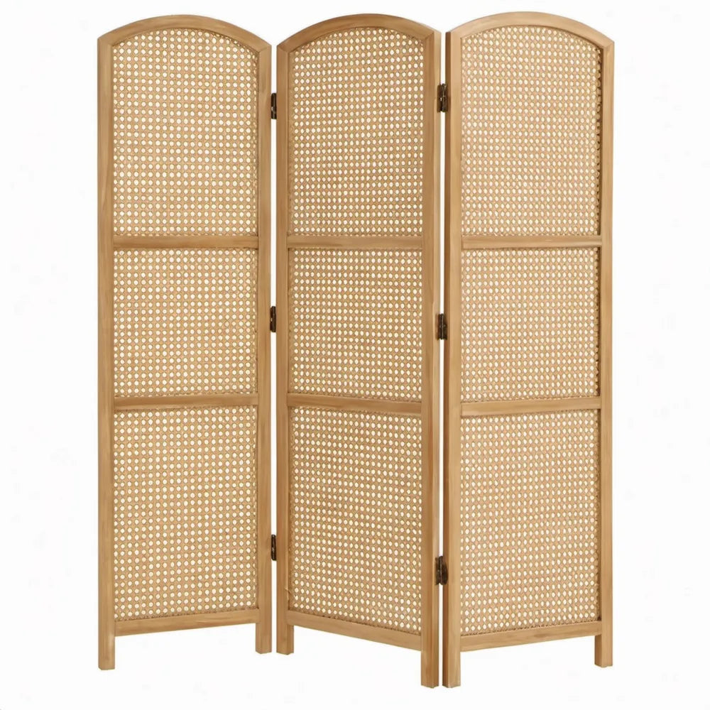 3-delig kamerscherm van paulowniahout en rotan, 121,5 x 2 x 180 cm, naturel lichtbruin