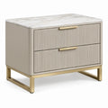 Beige nachtkastje met 2 geribbelde lades, marmerlook blad en goudkleurig onderstel, 50 x 40 x 55 cm