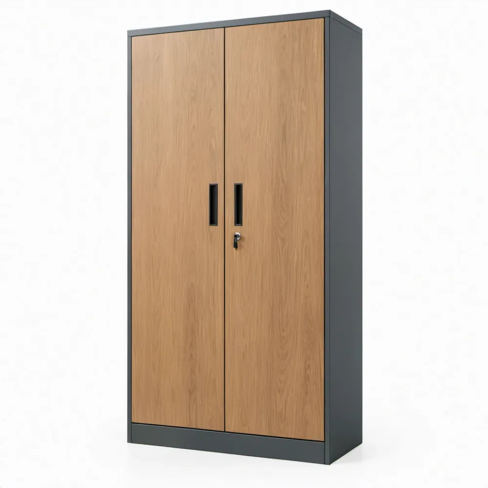Afsluitbare kast met 2 deuren en cilinderslot, 90 x 45 x 180 cm, eikenkleurig/grijs