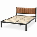Bed 160 x 200 cm Zwart met Cognackleurig PU-kunstleren Hoofdbord en Lattenbodem