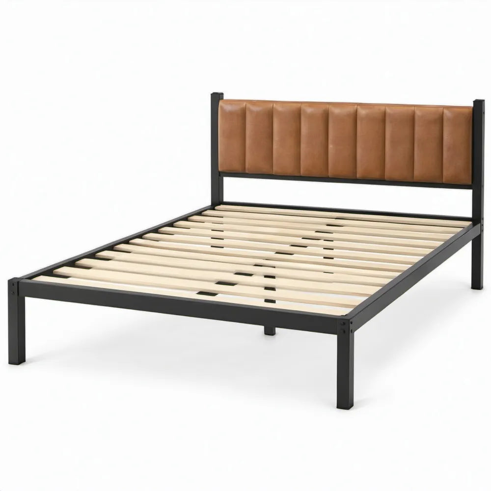 Bed 160 x 200 cm Zwart met Cognackleurig PU-kunstleren Hoofdbord en Lattenbodem