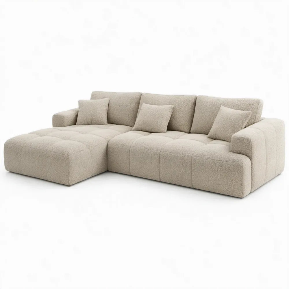 Beige hoekbank met chaise longue links, bouclé polyester, 280 x 170 x 85 cm