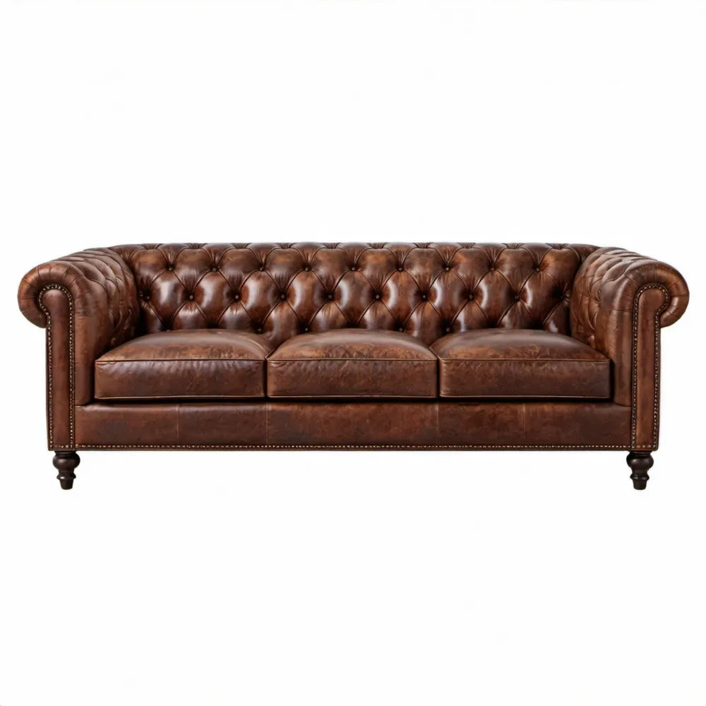 Chesterfield 3-zitsbank van bruin PU-leer, 220 x 90 x 75 cm